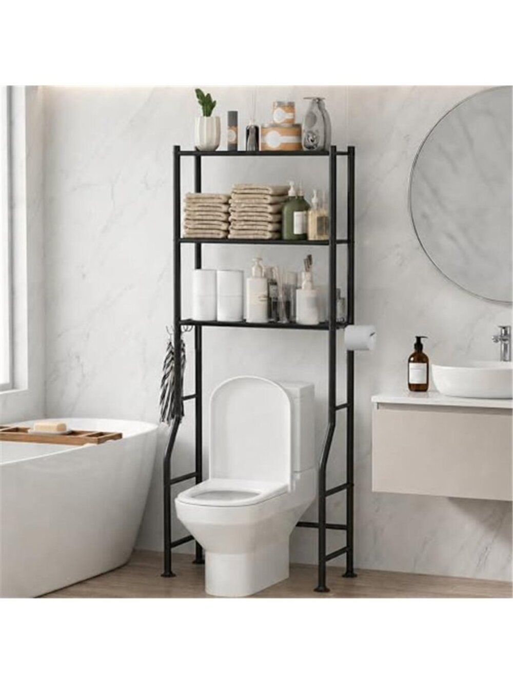 3-Tier Over Toilet Storage Cabinet, No Drilling, 64" H, Black